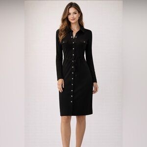 NWT White House Black Market Elegant Black Button-Down Dress mid length size Xs